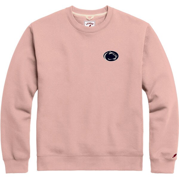 pink crew neck sweatshirt with Penn State Athletic Logo on left chest
